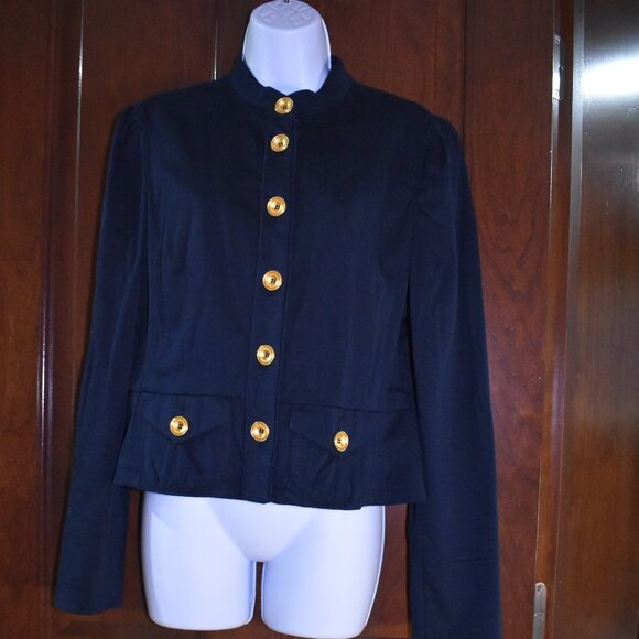 INC Navy Blue Cropped Jacket Size L Gold Button Lightweight Chic Blazer - Picture 7 of 14